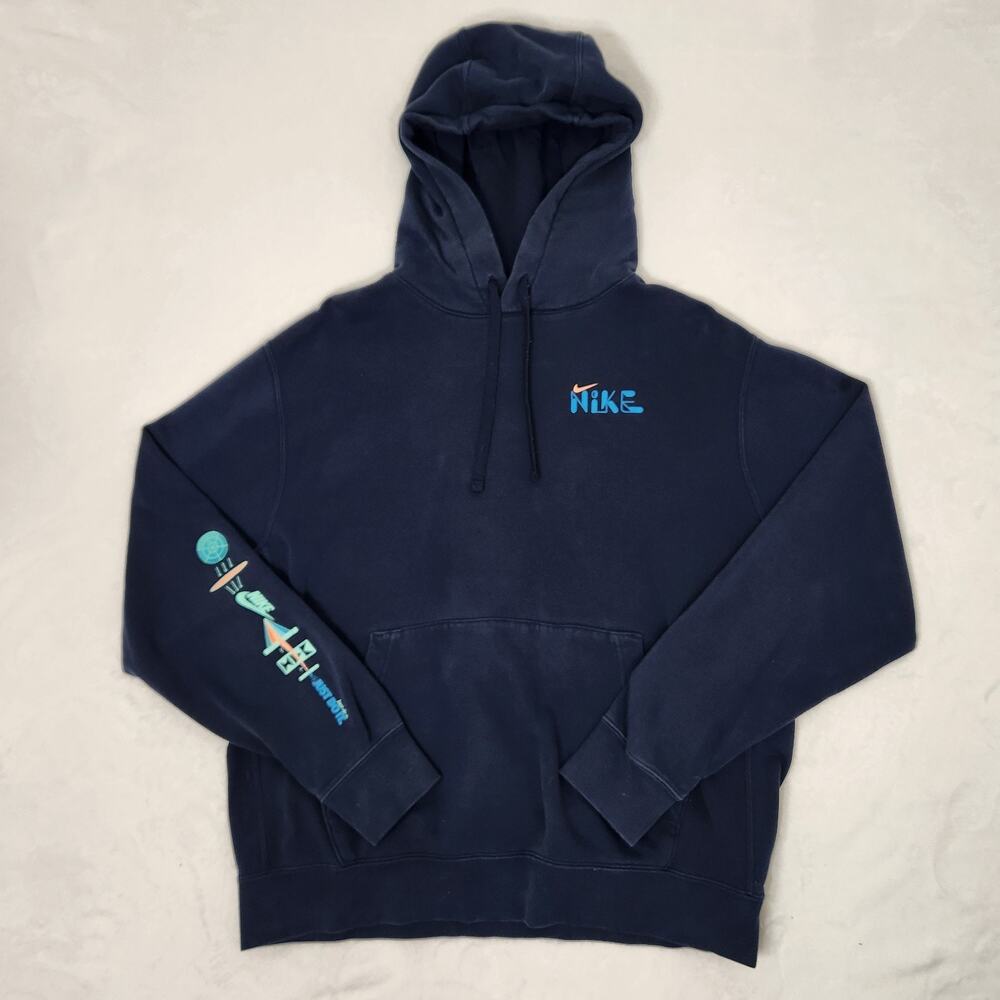 Nike Space Graphic Hoodie Mens Large Navy Blue Orbit Planets Pullover Sweatshirt